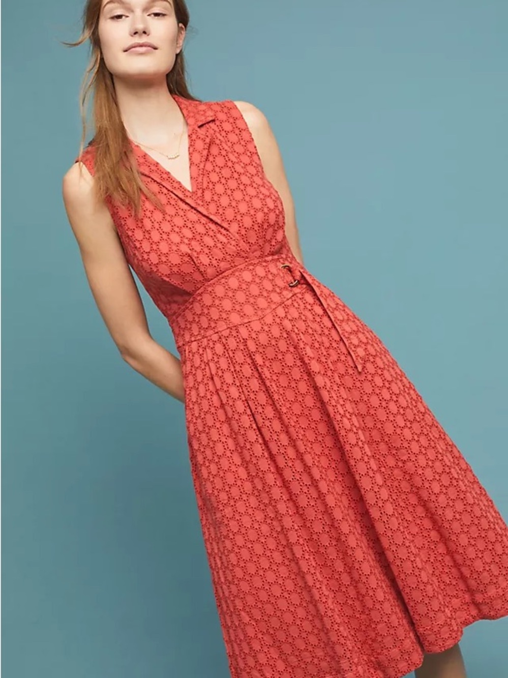 ANTHROPOLOGIE Elm Collared Sleeveless Coral Lace Fit-and-Flare Eyelet Dress Sz 6